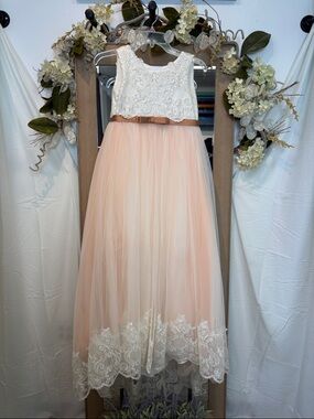 Girls' Blush Peach Tulle Flower Girl Dress with Lace Bodice